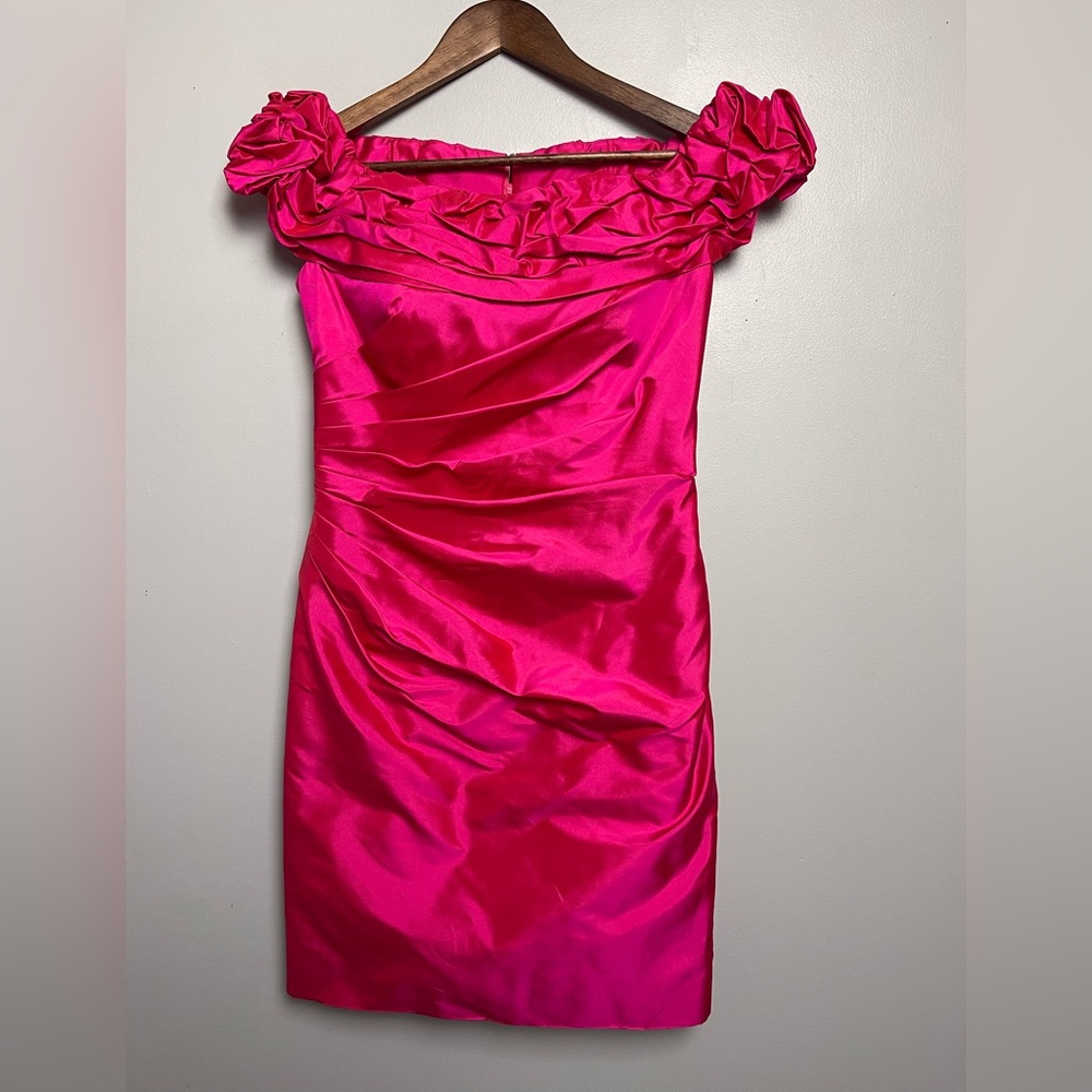 Marisa‎ Baratelli Pink Strapless Dress with Ruffles, Side Roushing & Shawl Sz 6